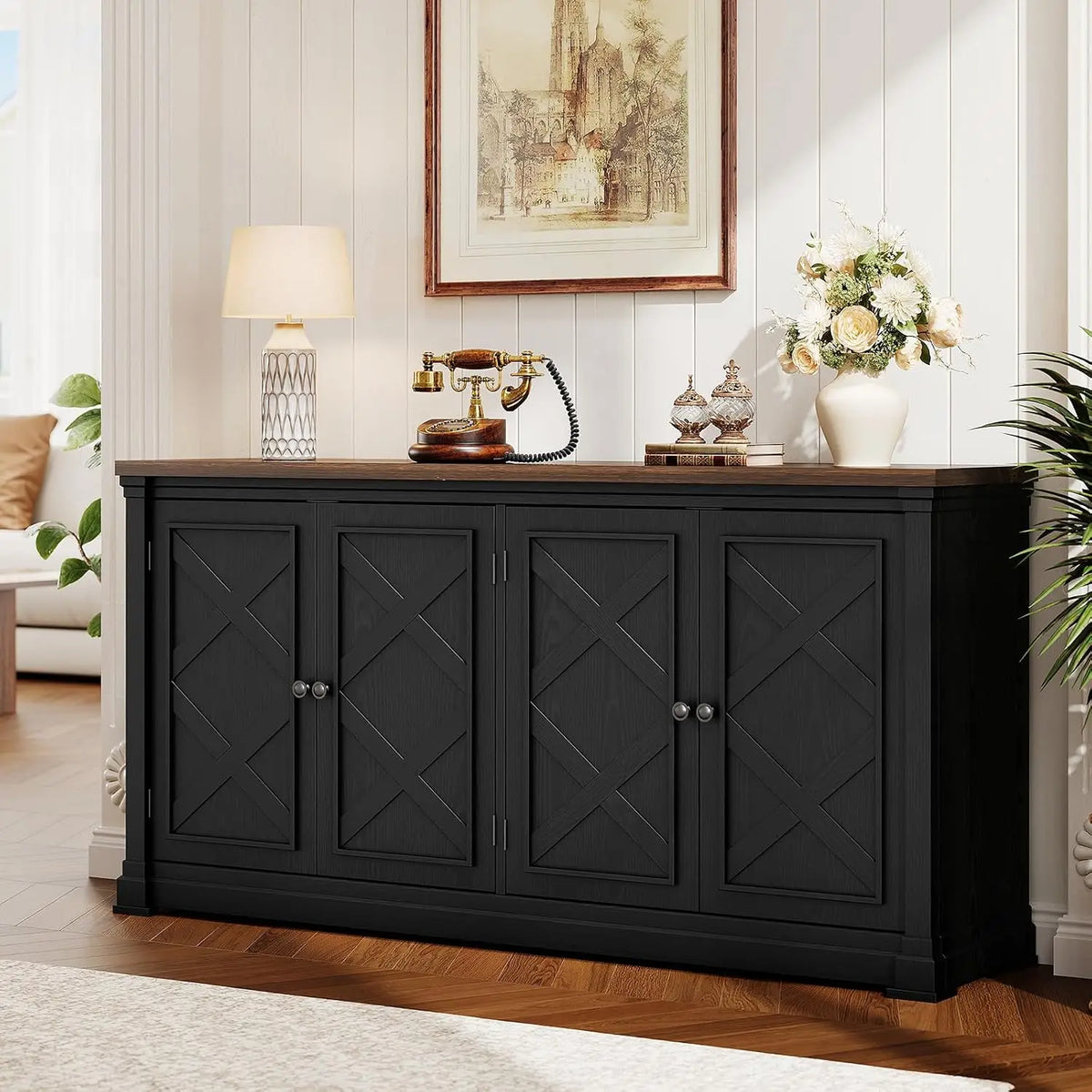 63 Inch Solid Wood Sideboard Buffet Cabinet w/ 4 Barn Doors & Adjustable Shelves, Hidden Storage Coffee Bar for Kitchen Living Room Entryway, Black