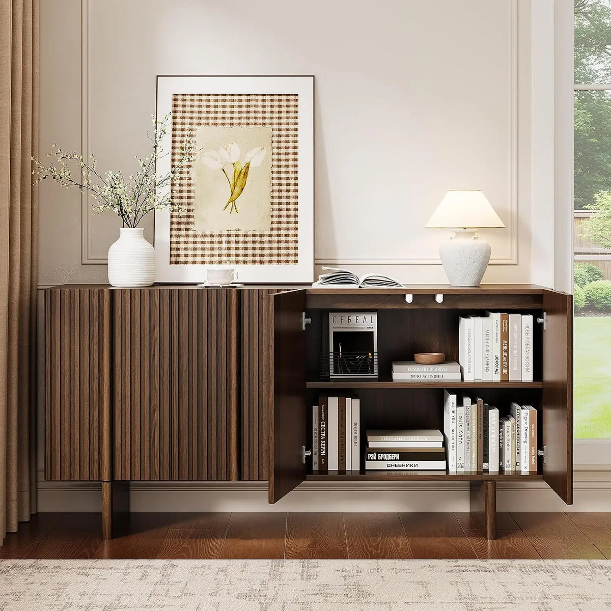 ONBRILL 161cm Fluted Sideboard Cabinet Storage Adjustable Shelves, Mid-Century Modern Buffet Cabinet for Dining Room, Living Room, Walnut