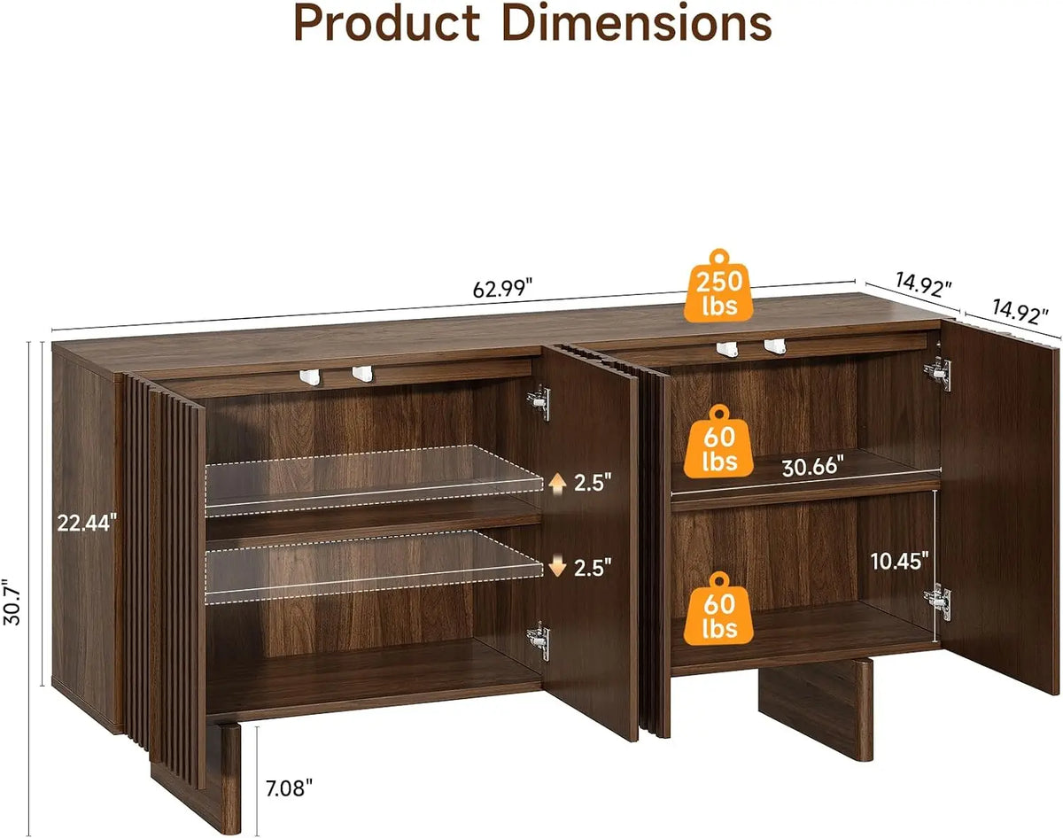 ONBRILL 161cm Fluted Sideboard Cabinet Storage Adjustable Shelves, Mid-Century Modern Buffet Cabinet for Dining Room, Living Room, Walnut