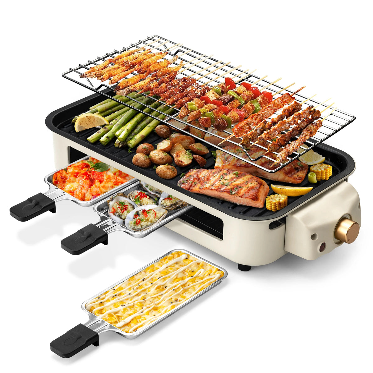 Electric Grill, Smokeless Electric Grill, Non-stick Coating, Removable Griddle/Grill Rack/Tray, Suitable for family and Hall of Residence Parties and Barbecues