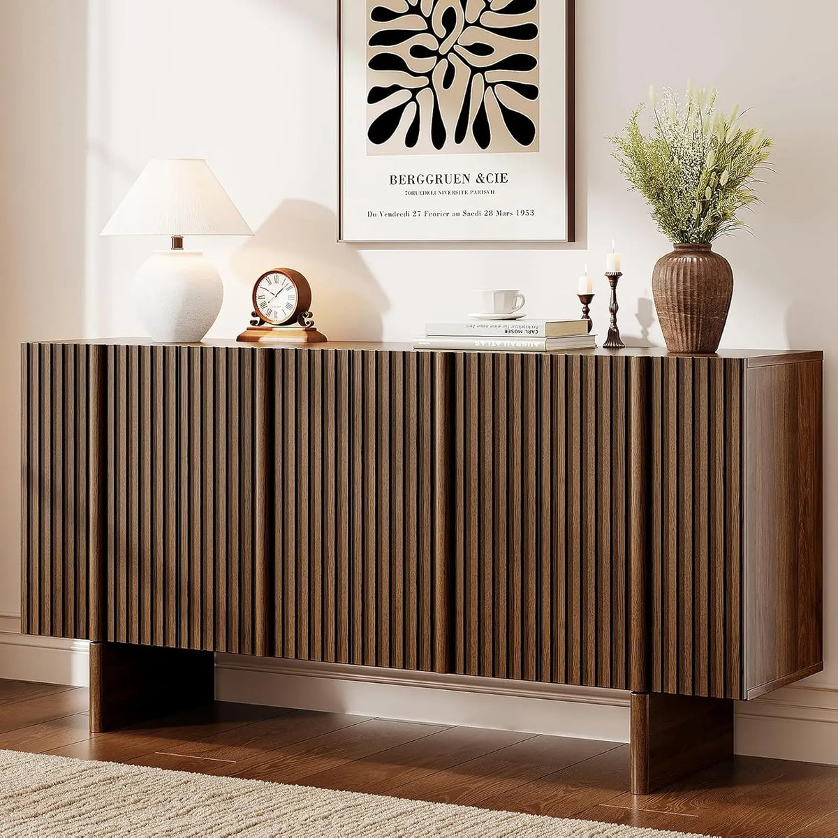 ONBRILL 161cm Fluted Sideboard Cabinet Storage Adjustable Shelves, Mid-Century Modern Buffet Cabinet for Dining Room, Living Room, Walnut