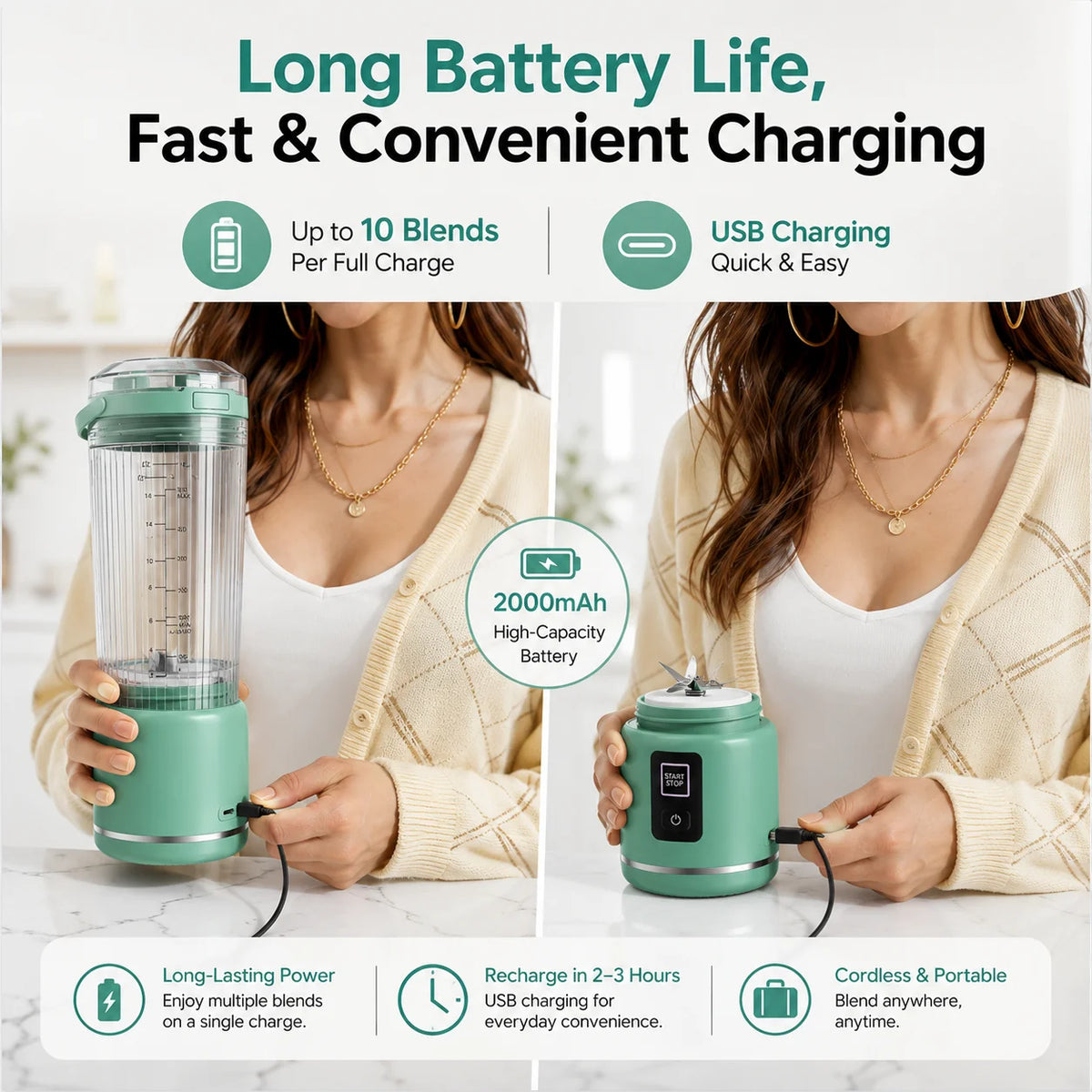 Portable Cordless USB C Rechargeable Blender for Smoothies and Shakes