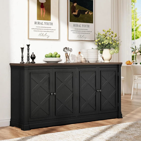 63 Inch Solid Wood Sideboard Buffet Cabinet w/ 4 Barn Doors & Adjustable Shelves, Hidden Storage Coffee Bar for Kitchen Living Room Entryway, Black