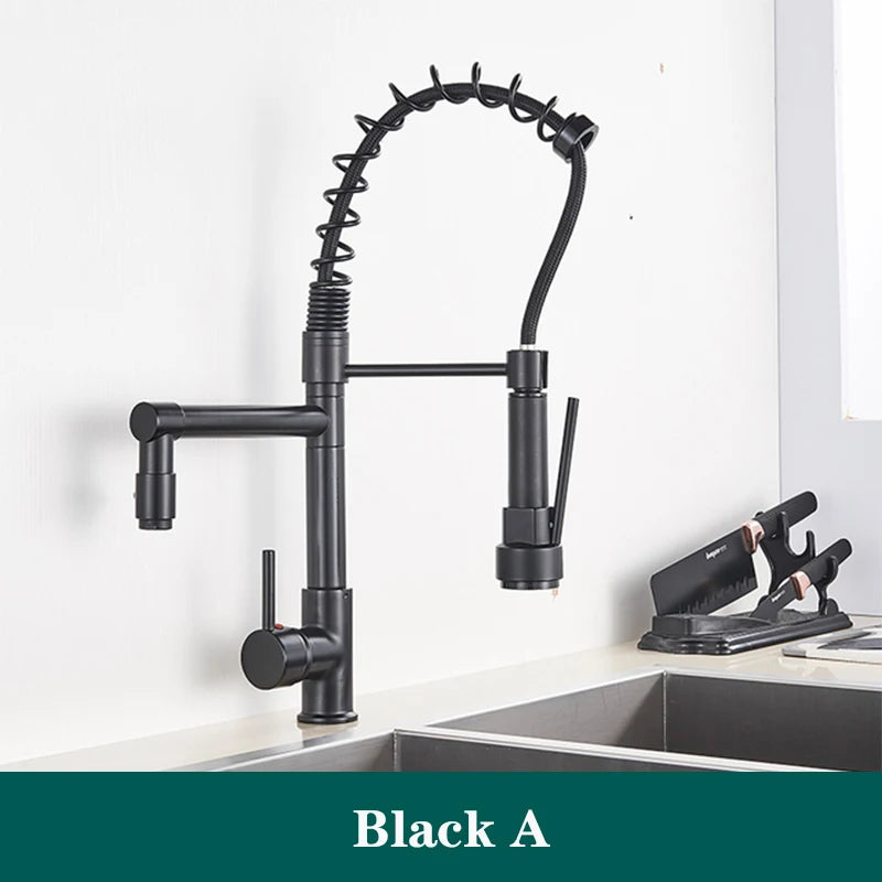 Black Spring Kitchen Faucet Pull Out Side Sprayer Dual Spout 360 Rotation Mixer Tap Sink Faucet Single Handle Kitchen Faucets