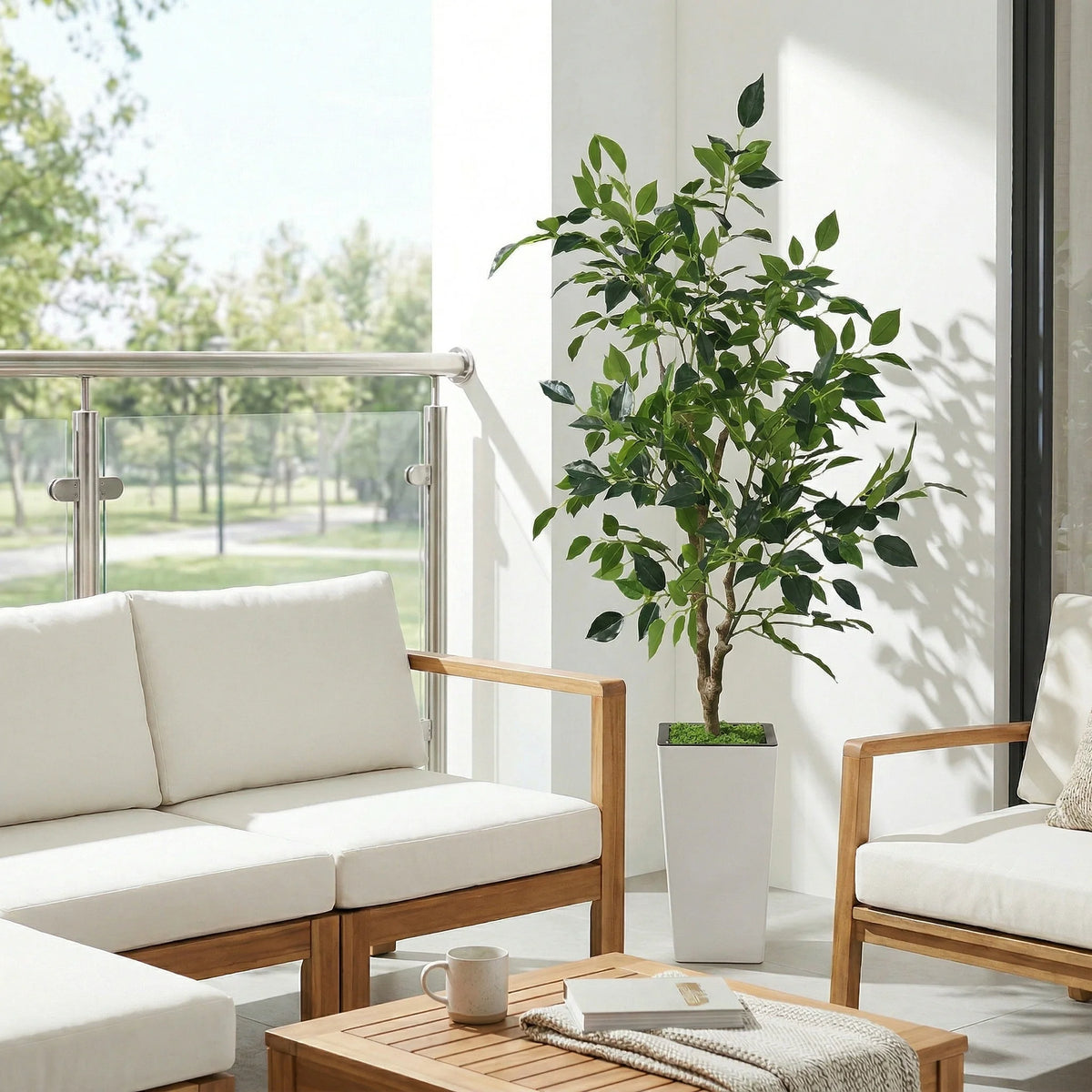 Realistic Artificial Green Plant In Tall White Pot With Textile Foliage And Distinctive Trunk Easy Care Indoor Decoration For Living Room Office Entryway