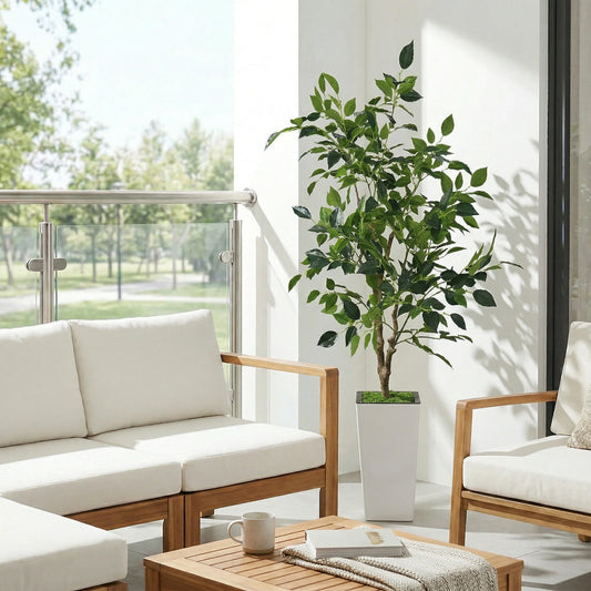Realistic Artificial Green Plant In Tall White Pot With Textile Foliage And Distinctive Trunk Easy Care Indoor Decoration For Living Room Office Entryway