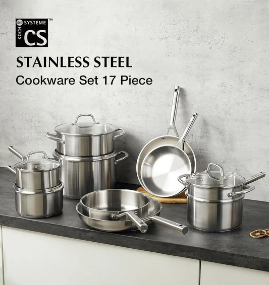 KOCH SYSTEME CS Stainless Steel Cookware Set 17 Piece, Professional 18/10 Stianless Steel Pots and Pans Set, 5-Layer Base, Oven & Induction Safe