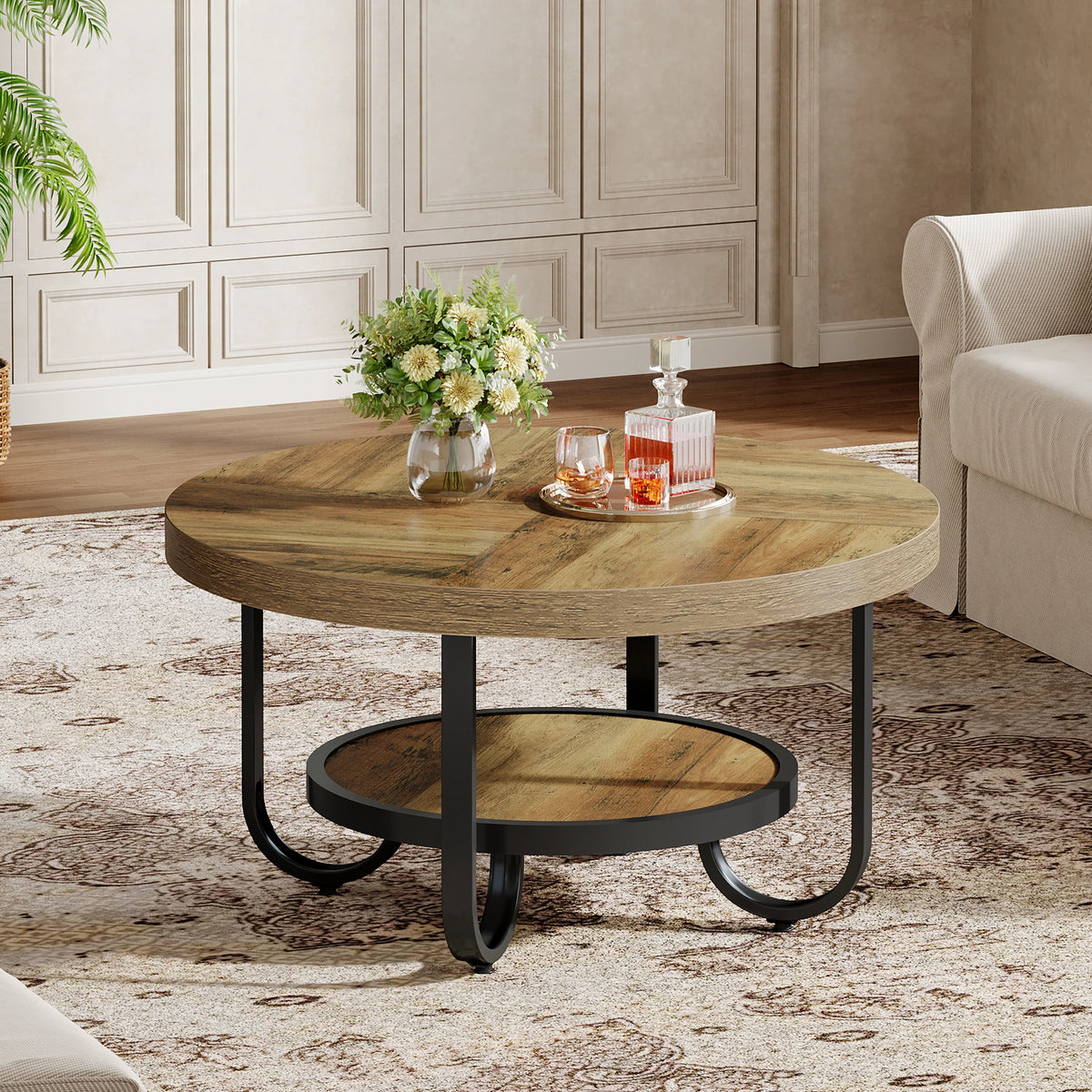 Tribesigns Round Coffee Table for Living Room, 2-Tier Center Table with Storage Shelf, 31.1-Inch Industrial Cocktail Tea Table w