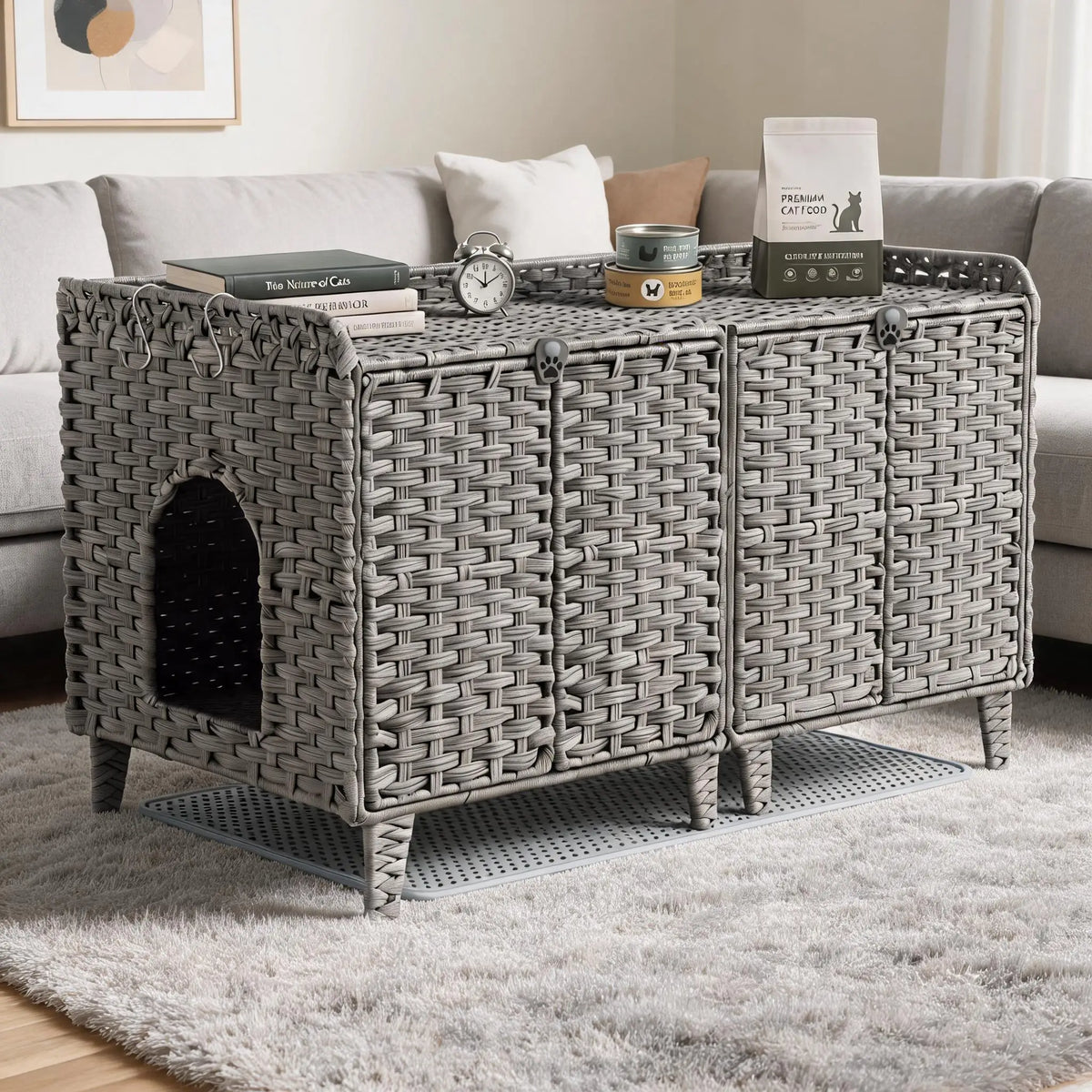Hidden Rattan Cat Litter Box Enclosure For Cats Odor Free Easy Clean Wicker Cabinet With Airflow Vents