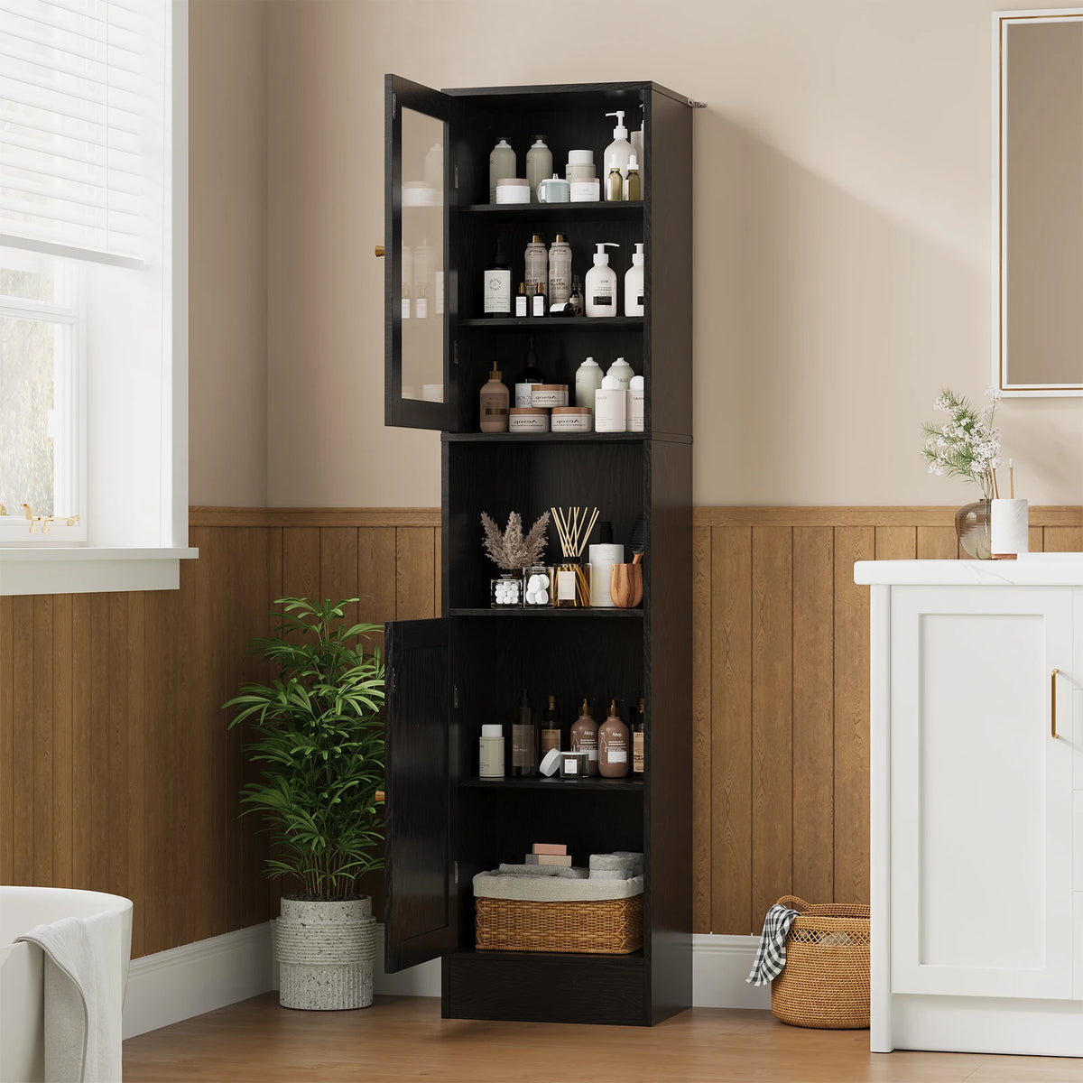 67" Tall Slim Bathroom Storage Cabinet with Glass Doors Adjustable Shelves & Anti-Tip Kit – Space-Saving Linen Tower for Bath, Kitchen or Laundry Room (Gray Wood Grain/Black/White)