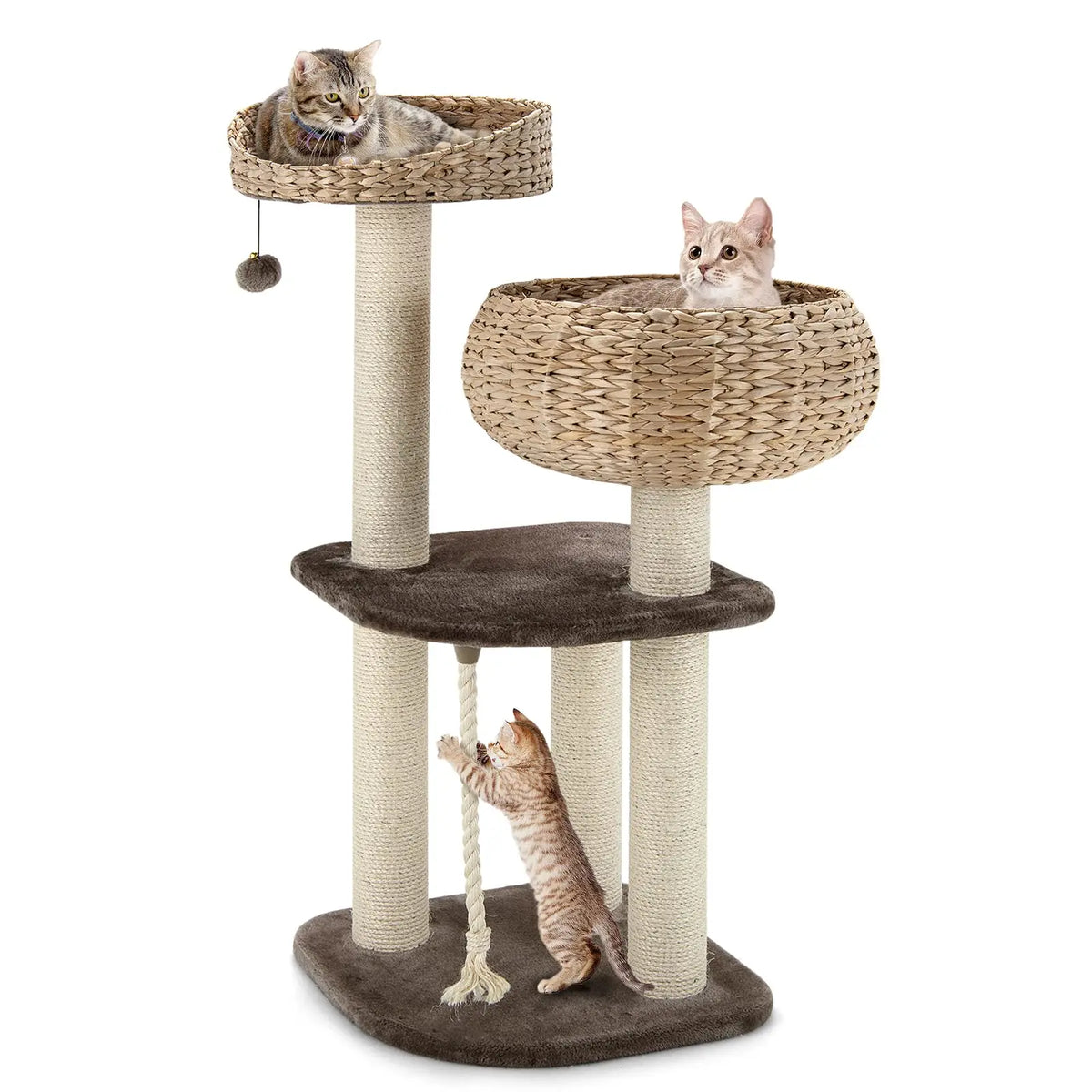 41inch Modern Cat Tree, Tall Cat Tower with Natural Sisal Scratching Post, Hand-Made Wicker Cat Condo & Top Perch, Funny Hanging Toy Ball, Cute Cat Tree Tower for Indoor Cats