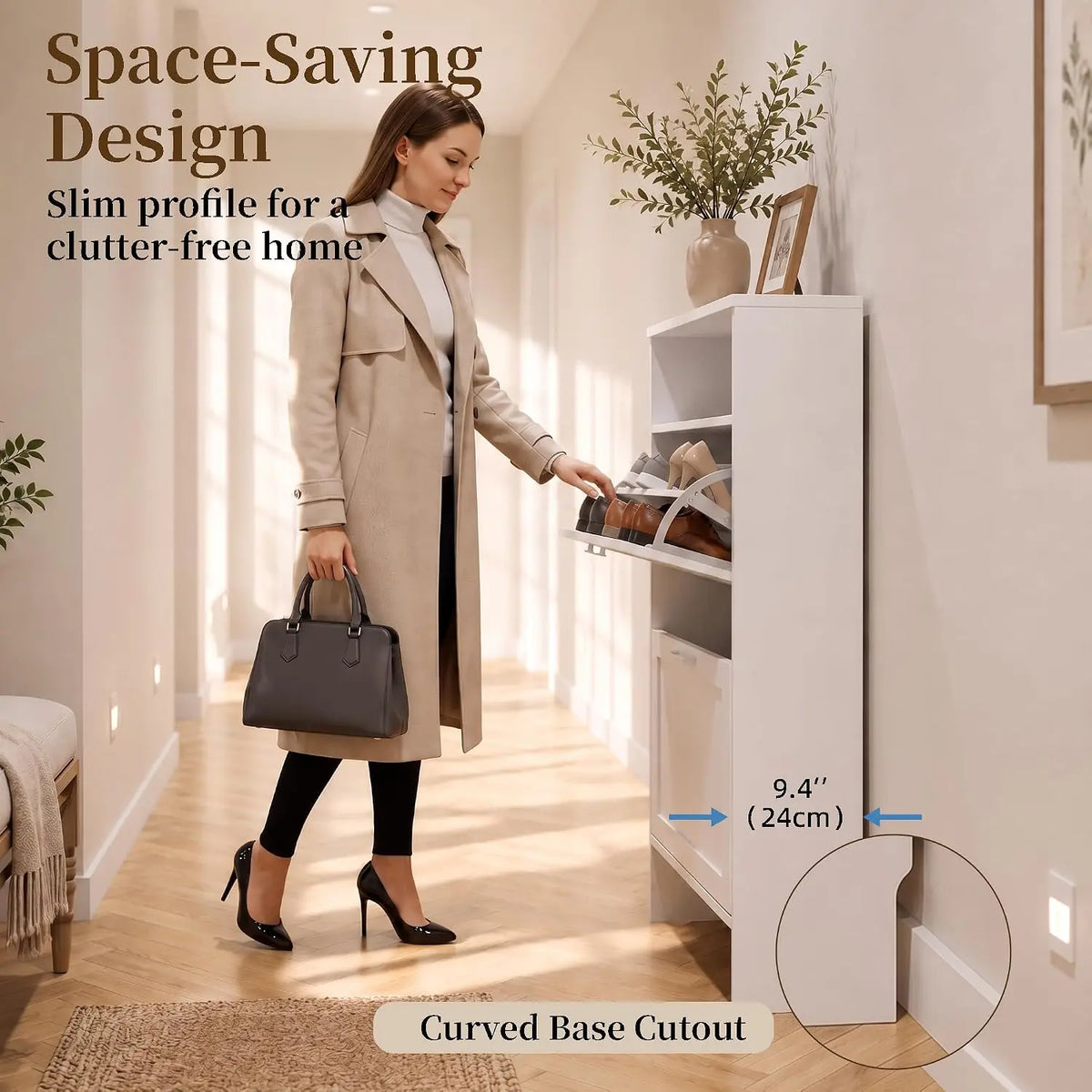 Shoe Storage Cabinet with Double-Layer Top for Entryway | Hidden Shoe Organizer Cabinet with 2 Flip Drawers for Hallway, Hidden Shoe Rack Cabinet White