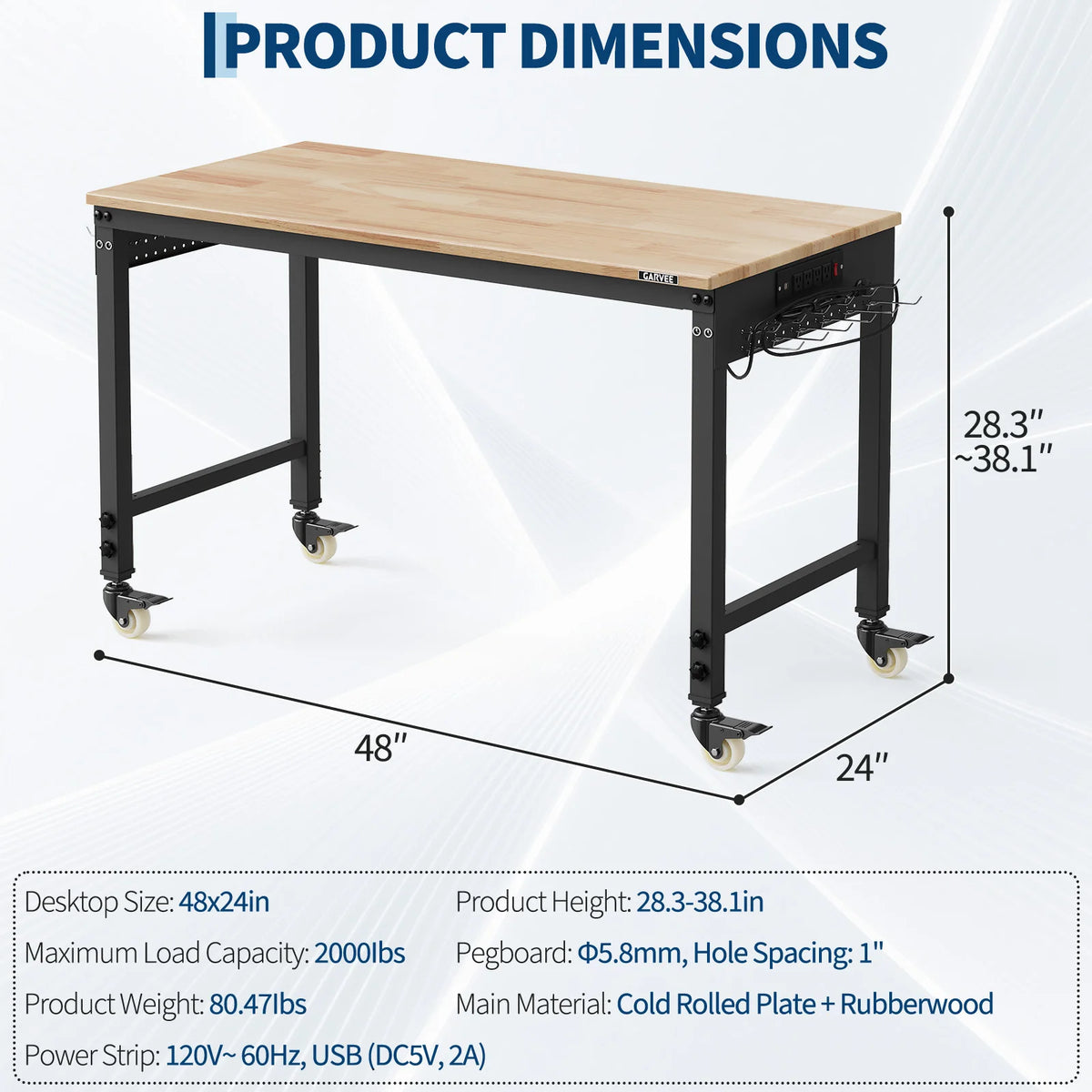 Adjustable Height Workbench 48x24 Inch Professional-Grade Adjustable Workbench for Garage, Shop, and Home 6 Levels Solid Rubberwood Top