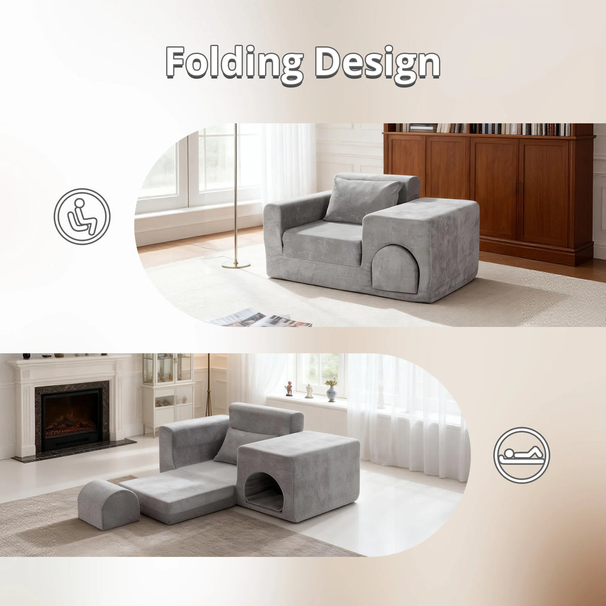 Grey 5-in-1 No-Assembly Sofa Bed with Ottoman Pet-Friendly Easy-Clean Fabric for Small Spaces Dorm Living Room