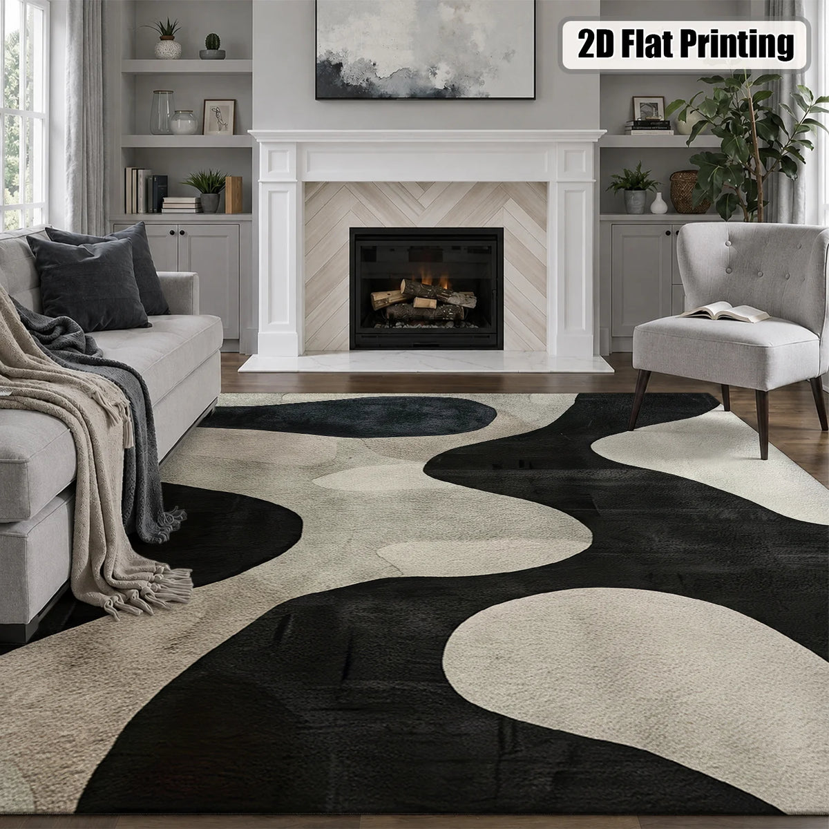 Large Indoor Area Rug, Soft Velvet Low Pile, Non-Slip Dotted Backing, Machine Washable Abstract Organic Black & Cream Pattern Rug for Living Room Bedroom Entryway