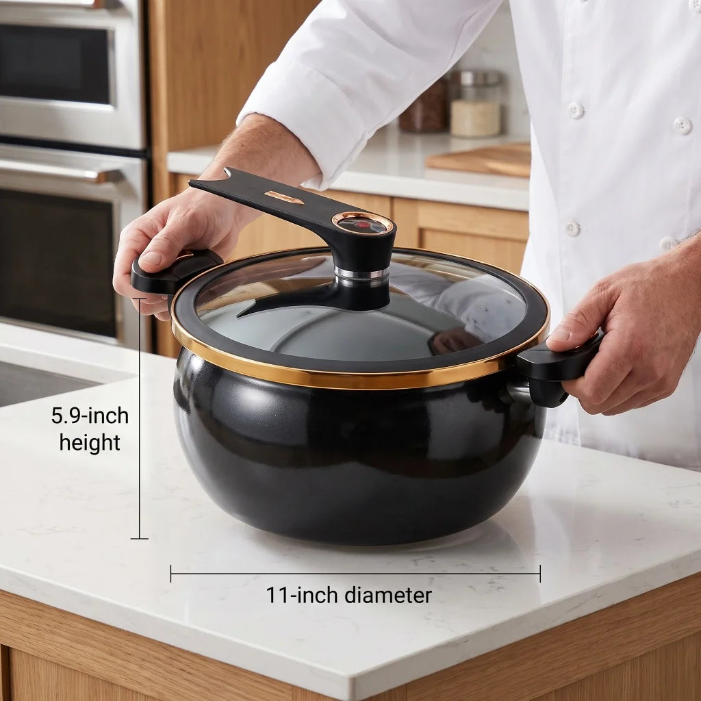 8L Large Black Enamel Micro Pressure Pot Non‑Stick Cookware Fine Iron Pot Body Cast Iron Bottom Glass Cover Universal Stove Compatibility Multi‑Function Stock Pot For Home Kitchen Family Stewing Boiling Braising Cooking U