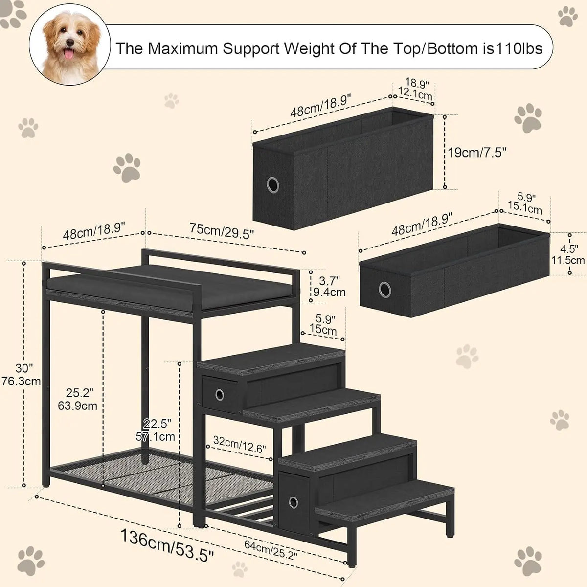 Pet Bunk Bed with 2 Drawers & Removable 4-Step Stairs, Dog/Cat Window Perch with Soft Cushion, Non-Slip Metal Frame, 60 LBS Capacity