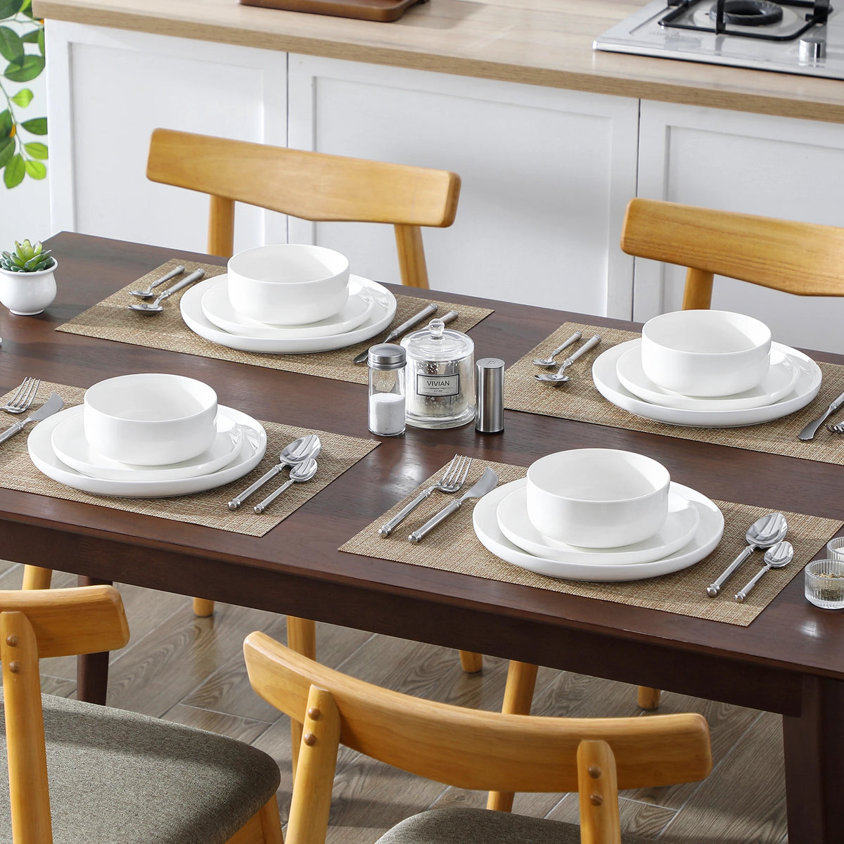 MALACASA 12/24 Piece Ceramic Porcelain Dinnerware Set with 4 Pcs Dinner/Dessert Plates,Bowl Tableware Set Service for 4