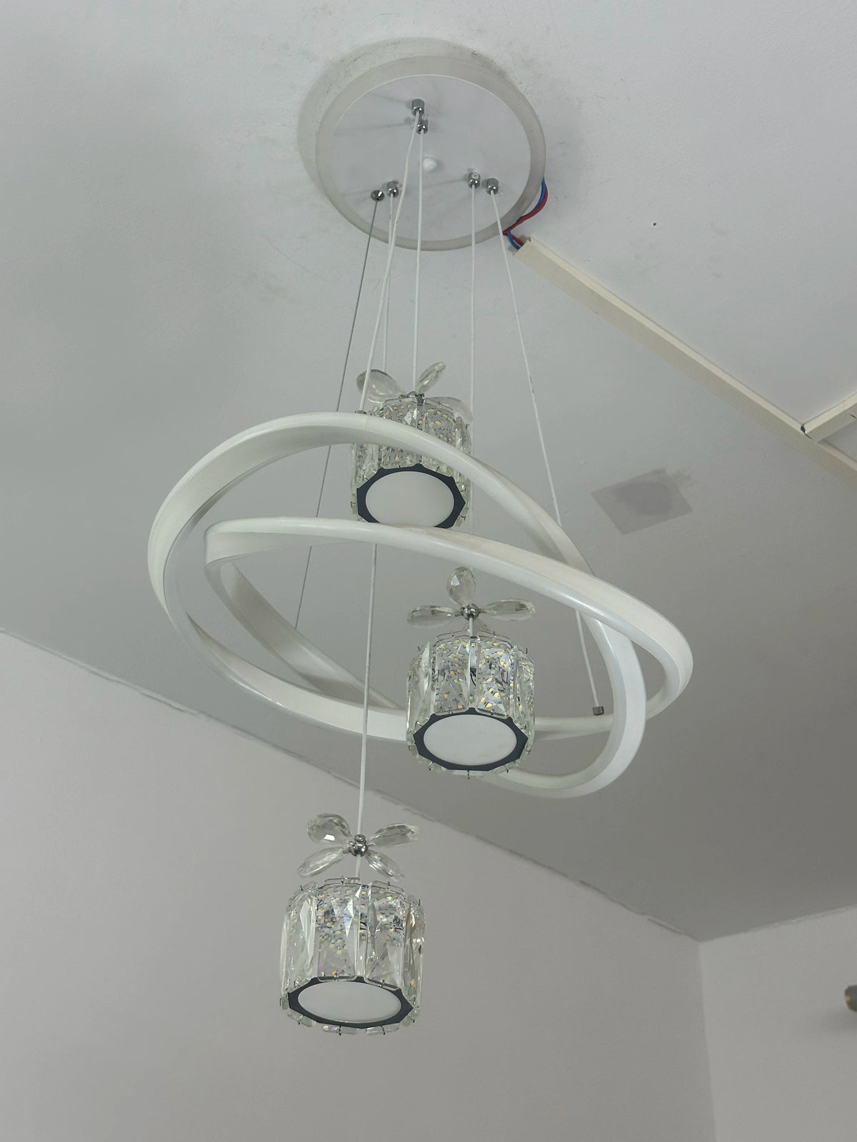 LED Pendant Light with a Crystal Lampshade, Featuring Three Adjustable Light Colors, Adjustable Height, and a Backlit Base; Suitable for Bedrooms, Living Rooms, and Above Dining Tables