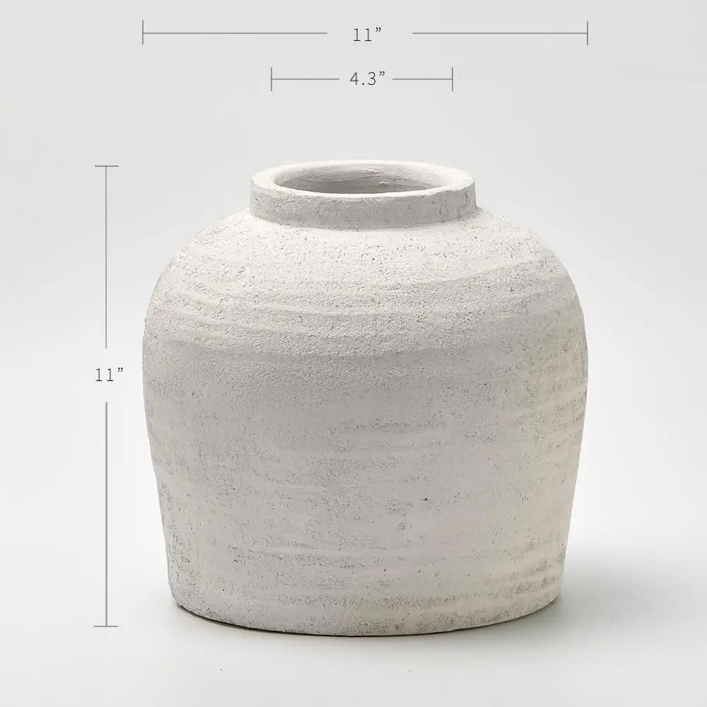 Elegant 11 White Ceramic Zen Vase with Terra Cotta Pitcher, Distressed Farmhouse Style, Decorative for Home