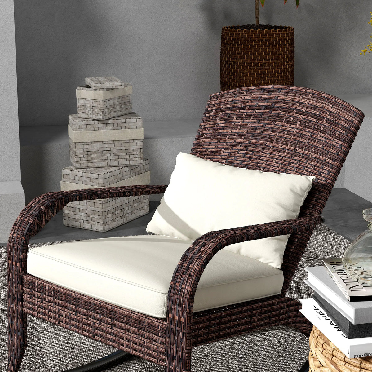 Outsunny Outdoor Wicker Adirondack Rocking Chair with Cushion Cream White