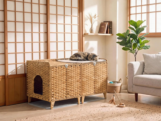 Hidden Rattan Cat Litter Box Enclosure For Cats Odor Free Easy Clean Wicker Cabinet With Airflow Vents
