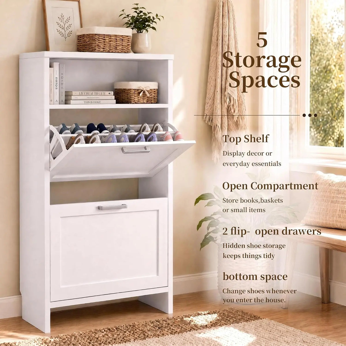 Shoe Storage Cabinet with Double-Layer Top for Entryway | Hidden Shoe Organizer Cabinet with 2 Flip Drawers for Hallway, Hidden Shoe Rack Cabinet White