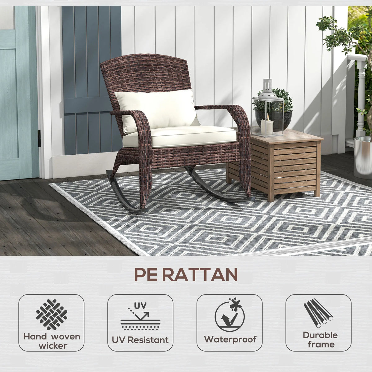 Outsunny Outdoor Wicker Adirondack Rocking Chair with Cushion Cream White