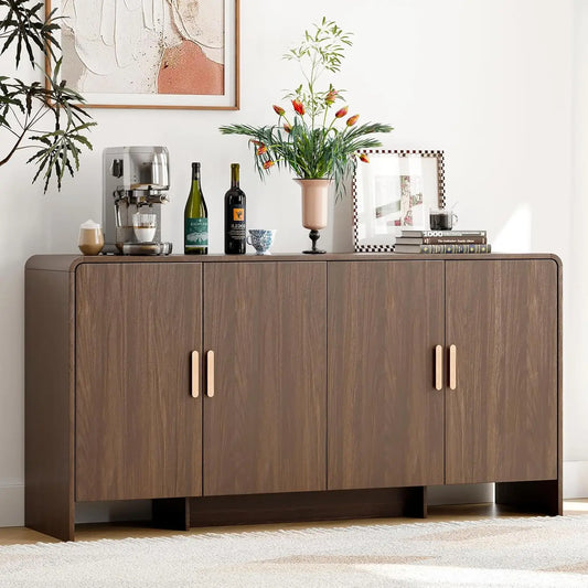 60 Inch Sideboard Cabinet with Adjustable Shelves & Storage - Mid-Century Walnut Buffet Cabinet for Living Room, Dining Room, Kitchen | Solid Wood Frame Coffee Bar Console Table