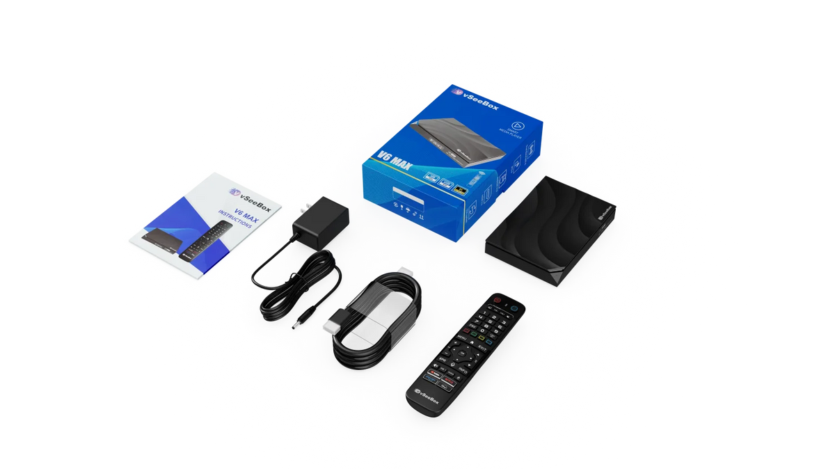 vSeeBox V6 Max 2026 Newest Version, Android 14, 4GB RAM 64GB Storage, Voice Control, WiFi 6, Parental Control, 8K HDMI, Complete Kit with Remote, HDMI Cable, Power Adapter & Setup Guide