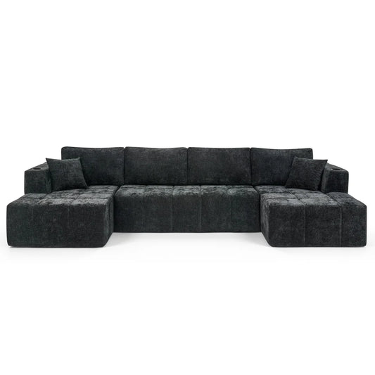 132" U-Shaped Chenille Sectional Sofa, Cloud Couch Sleeper Bed with Dual Lounges, Modern Living Room Furniture with Cup Holders, No Assembly, Black