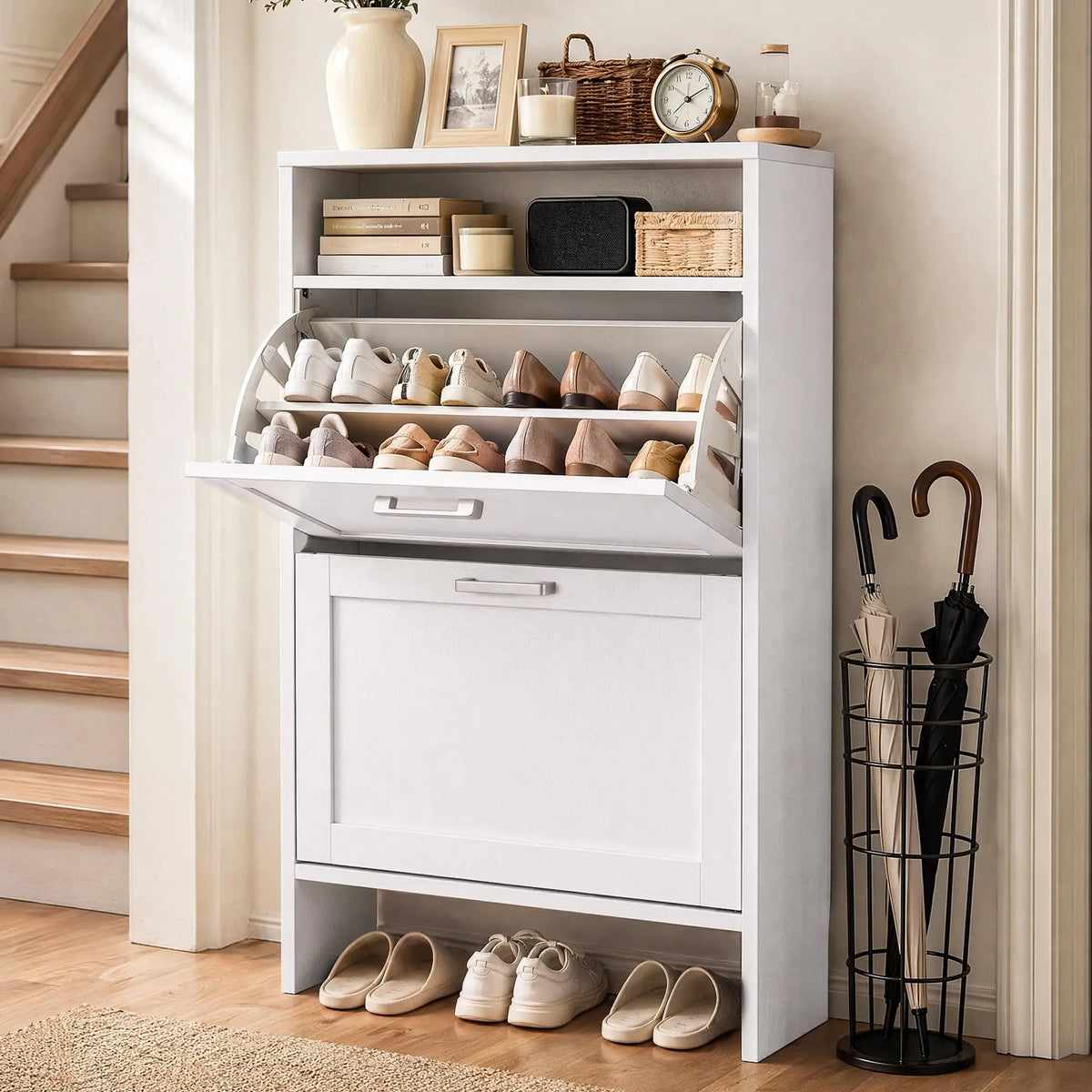 Shoe Storage Cabinet with Double-Layer Top for Entryway | Hidden Shoe Organizer Cabinet with 2 Flip Drawers for Hallway, Hidden Shoe Rack Cabinet White