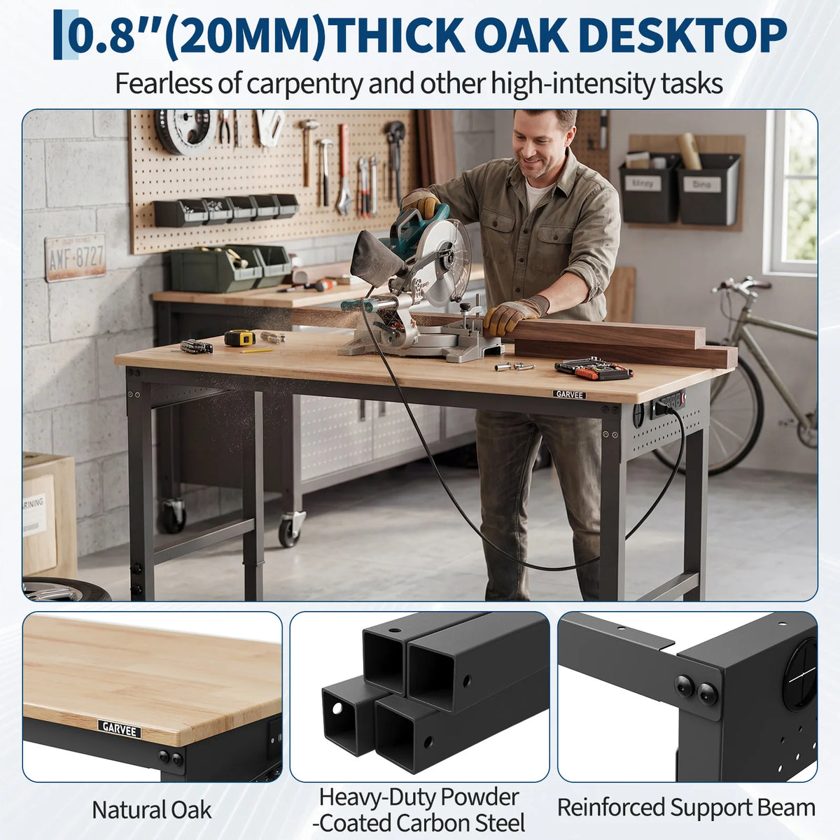 Adjustable Height Workbench 48x24 Inch Professional-Grade Adjustable Workbench for Garage, Shop, and Home 6 Levels Solid Rubberwood Top