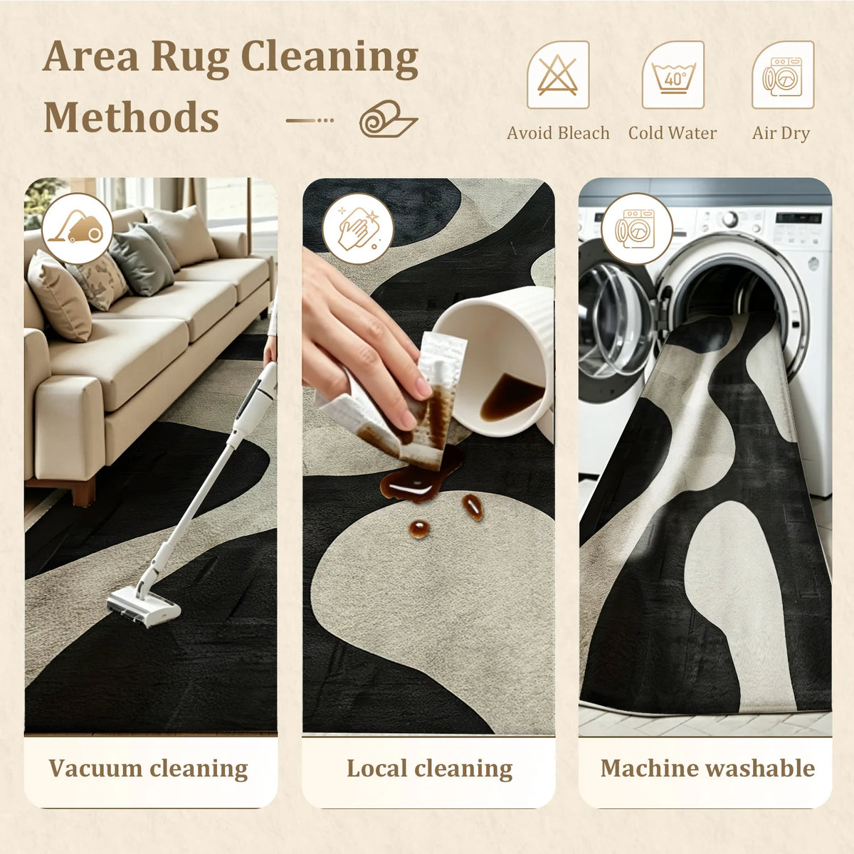 Large Indoor Area Rug, Soft Velvet Low Pile, Non-Slip Dotted Backing, Machine Washable Abstract Organic Black & Cream Pattern Rug for Living Room Bedroom Entryway