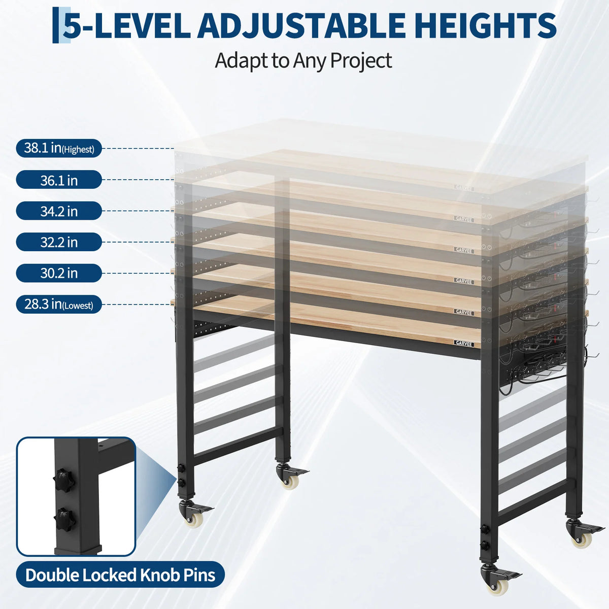 Adjustable Height Workbench 48x24 Inch Professional-Grade Adjustable Workbench for Garage, Shop, and Home 6 Levels Solid Rubberwood Top