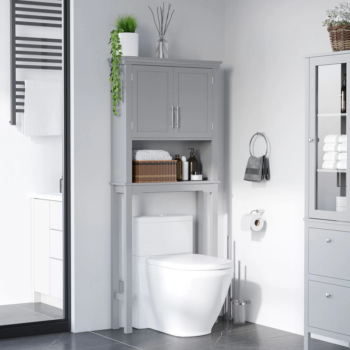 Kleankin Modern over the Toilet Storage Cabinet, Double Door Bathroom Organizer with Inner Adjustable Shelf and Open Shelf, Grey
