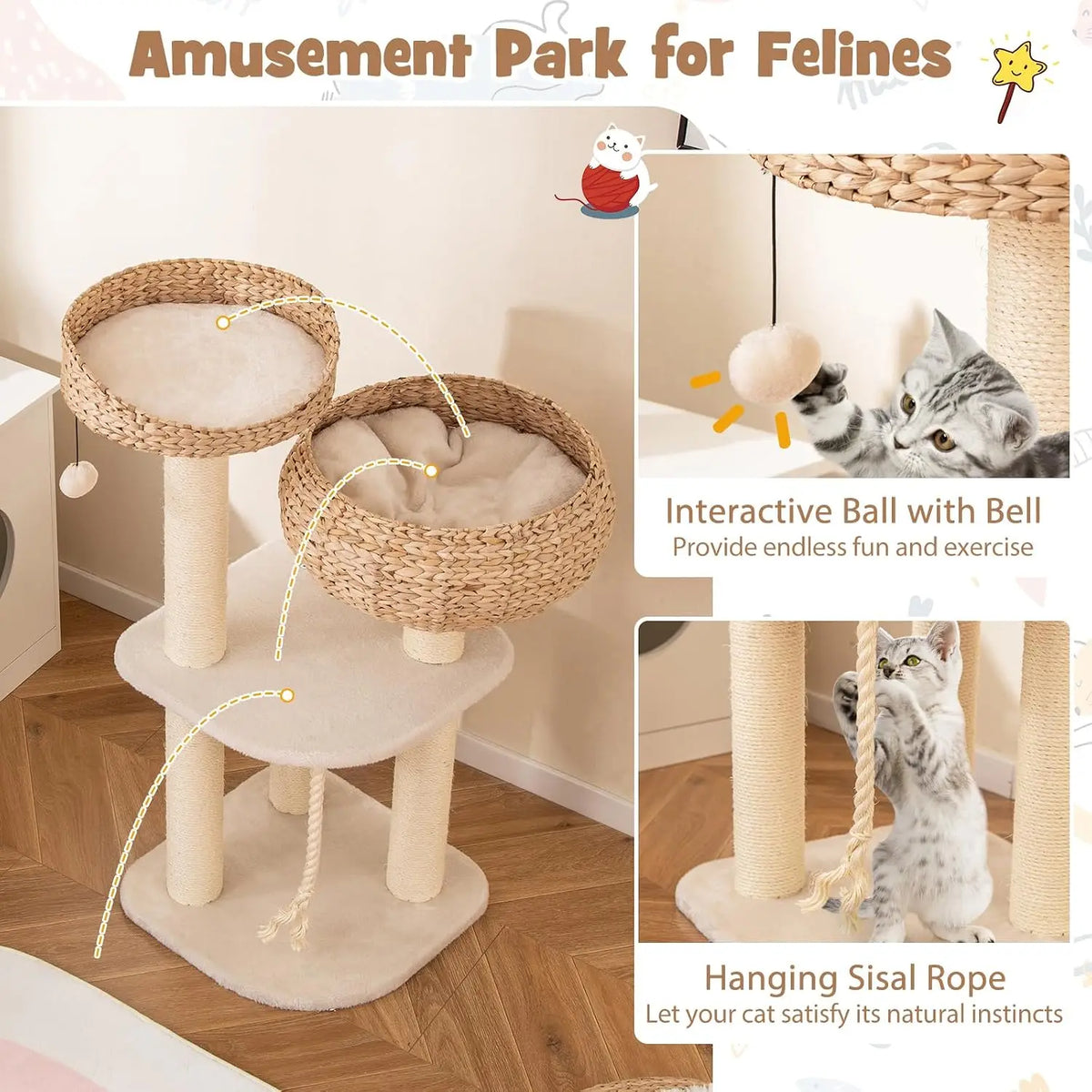 41inch Modern Cat Tree, Tall Cat Tower with Natural Sisal Scratching Post, Hand-Made Wicker Cat Condo & Top Perch, Funny Hanging Toy Ball, Cute Cat Tree Tower for Indoor Cats