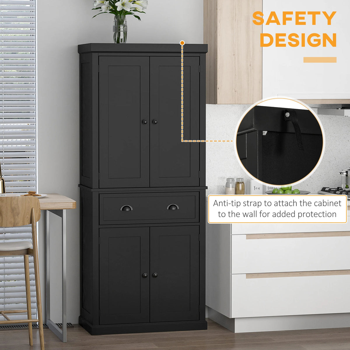 72.5" Kitchen Pantry Cabinet, Traditional Freestanding Storage Cabinet with 4 Doors, Drawer and 3 Adjustable Shelves for Dining Room, Black