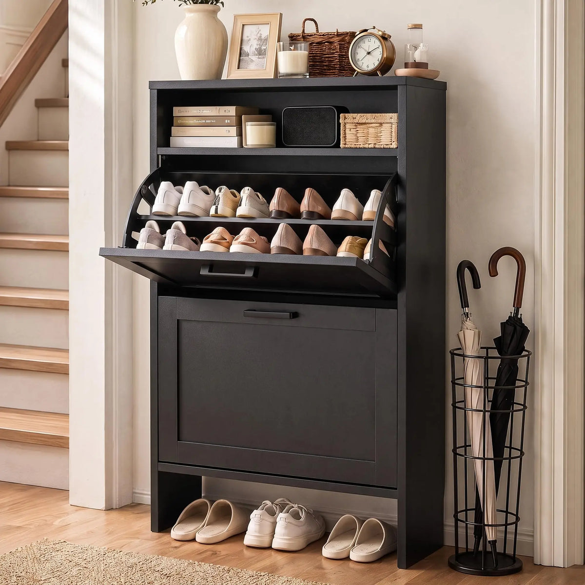Shoe Storage Cabinet with Double-Layer Top for Entryway | Hidden Shoe Organizer Cabinet with 2 Flip Drawers for Hallway, Hidden Shoe Rack Cabinet White