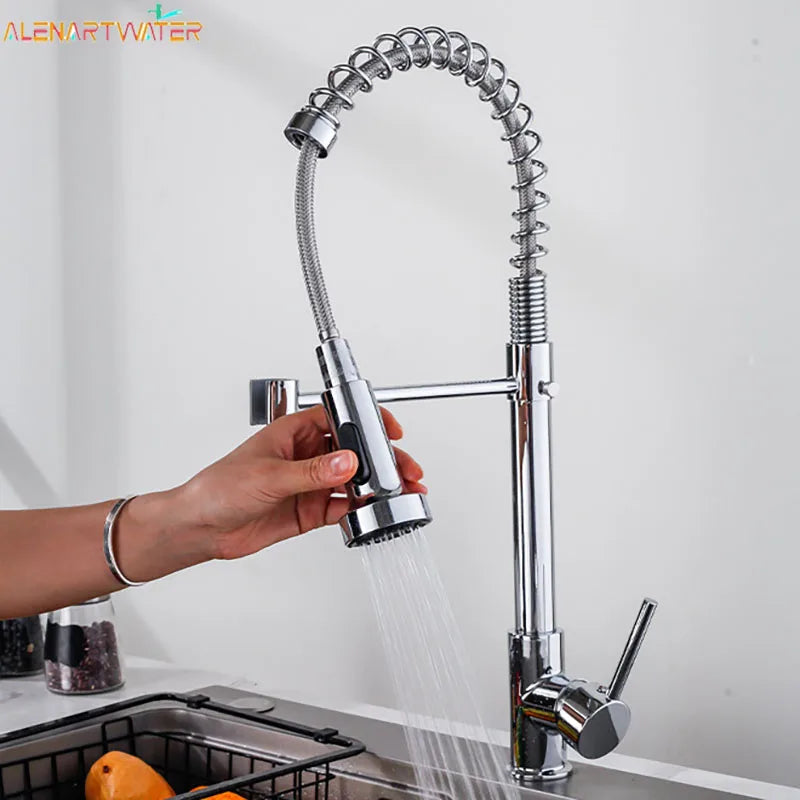 Black Spring Kitchen Faucet Pull Out Side Sprayer Dual Spout 360 Rotation Mixer Tap Sink Faucet Single Handle Kitchen Faucets
