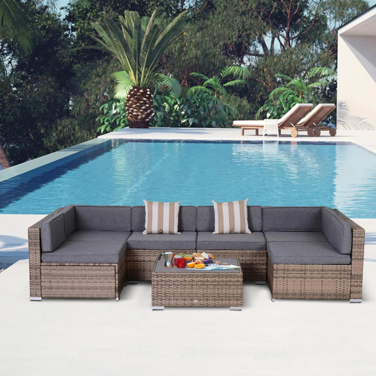 7 Piece Rattan Sofa Luxury Modular Outdoor Lounge Furniture, Grey