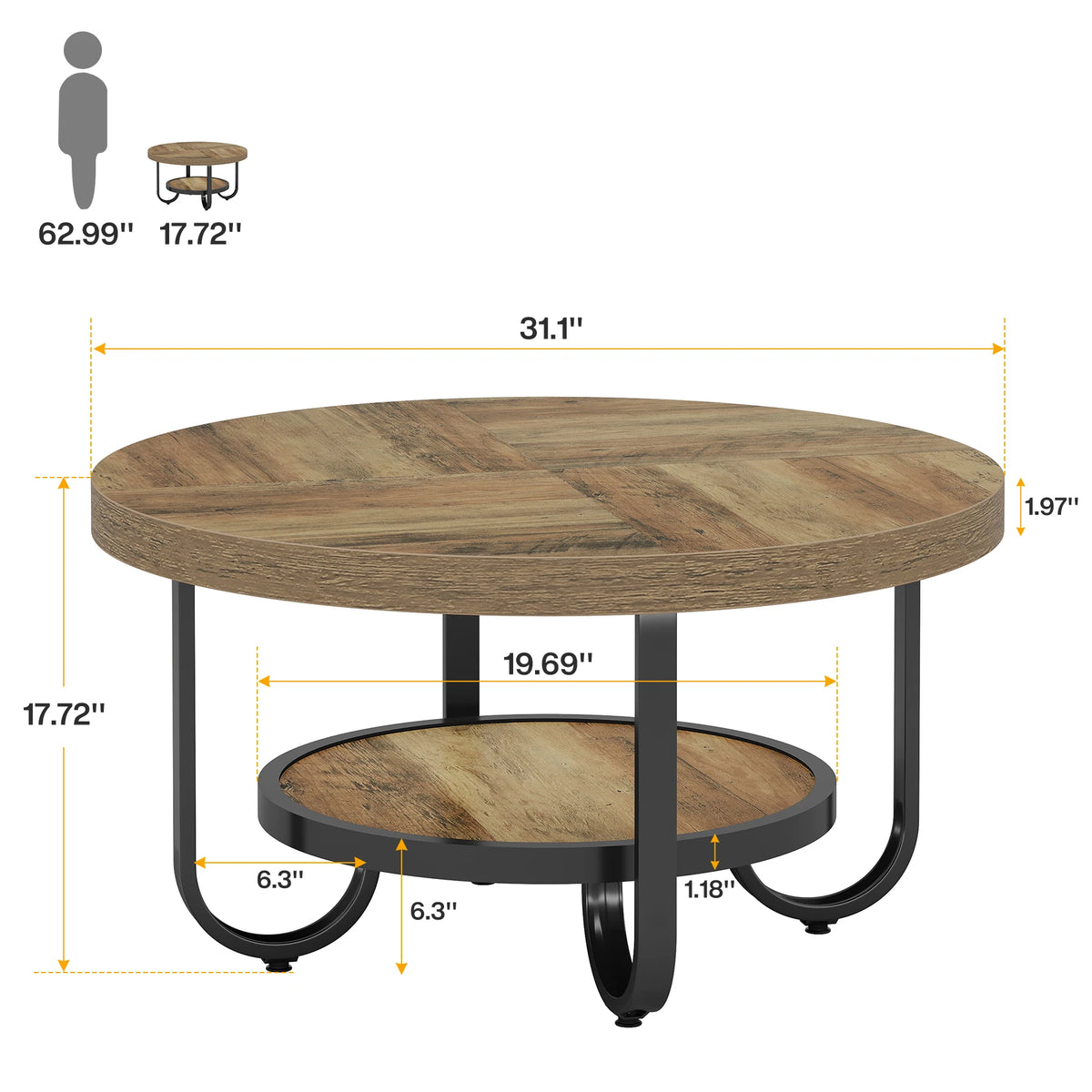 Tribesigns Round Coffee Table for Living Room, 2-Tier Center Table with Storage Shelf, 31.1-Inch Industrial Cocktail Tea Table w