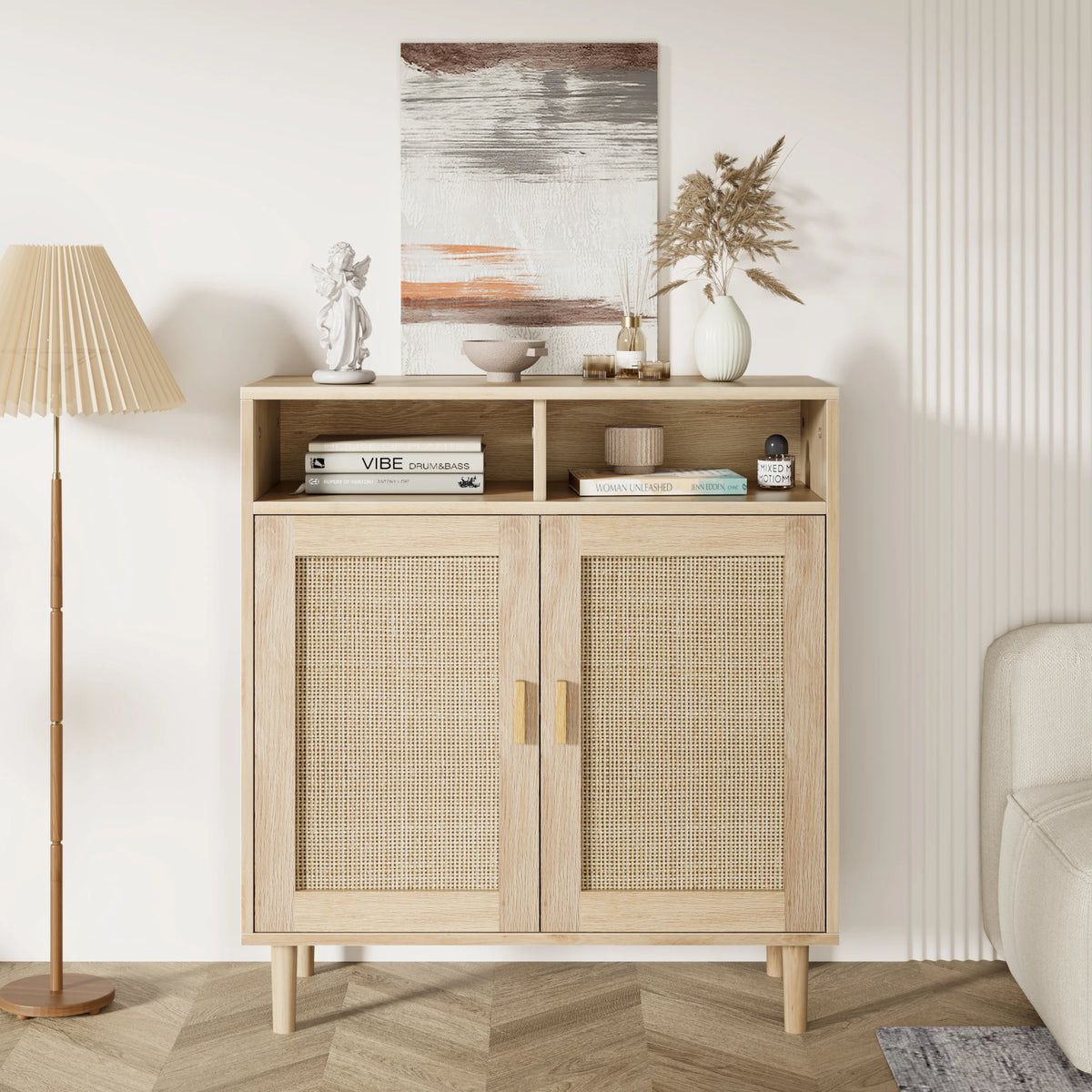 HiMISS Rattan Sideboard Cabinet With Shelves For Living Room Storage