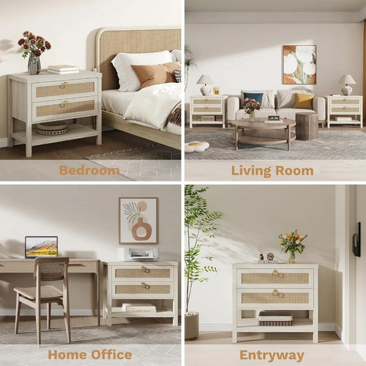 Large White Rattan Nightstands Set of 2, Boho Style with Drawers & Storage Shelf Bedroom Bedside End Table, Custom