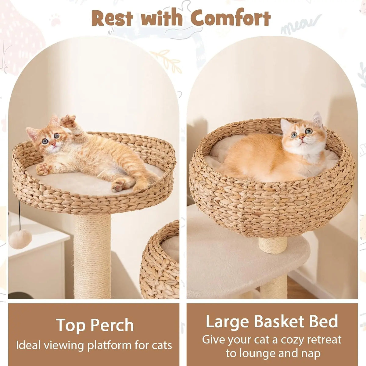 41inch Modern Cat Tree, Tall Cat Tower with Natural Sisal Scratching Post, Hand-Made Wicker Cat Condo & Top Perch, Funny Hanging Toy Ball, Cute Cat Tree Tower for Indoor Cats