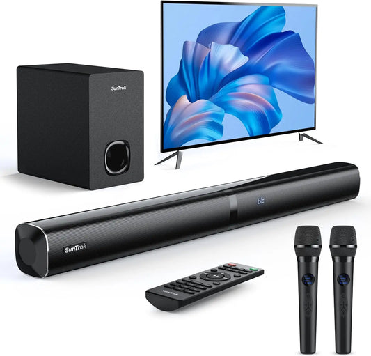 Home Theater Soundbar with Subwoofer and Dual Wireless Karaoke Mics - Bluetooth 5.3 TV Speaker System, Surround Sound with HDMI ARC, Optical, AUX, USB Inputs, 280W Peak Power for Movies, Music and Family Parties