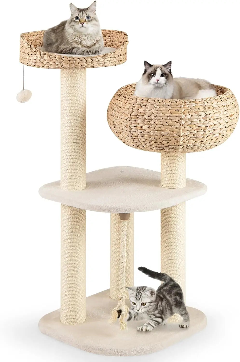 41inch Modern Cat Tree, Tall Cat Tower with Natural Sisal Scratching Post, Hand-Made Wicker Cat Condo & Top Perch, Funny Hanging Toy Ball, Cute Cat Tree Tower for Indoor Cats