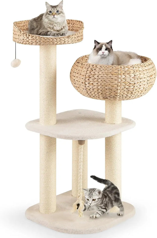 41inch Modern Cat Tree, Tall Cat Tower with Natural Sisal Scratching Post, Hand-Made Wicker Cat Condo & Top Perch, Funny Hanging Toy Ball, Cute Cat Tree Tower for Indoor Cats