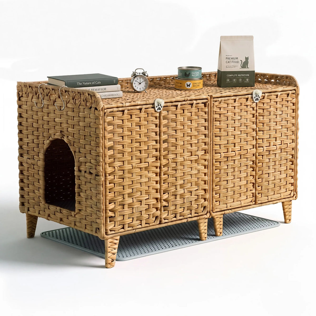 Hidden Rattan Cat Litter Box Enclosure For Cats Odor Free Easy Clean Wicker Cabinet With Airflow Vents