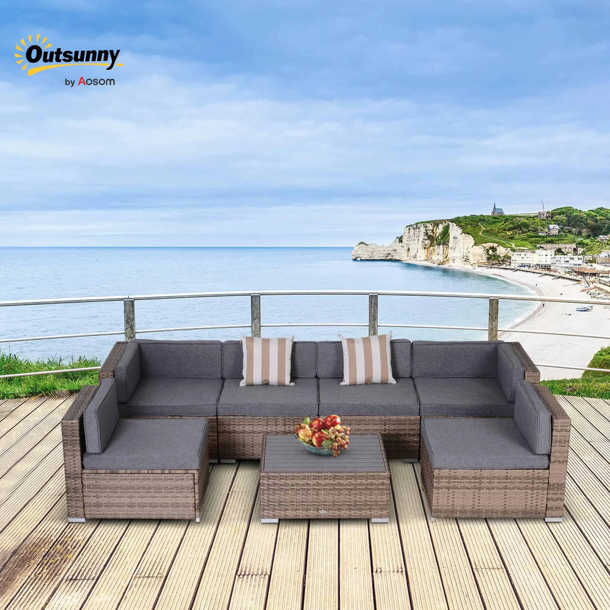 7 Piece Rattan Sofa Luxury Modular Outdoor Lounge Furniture, Grey